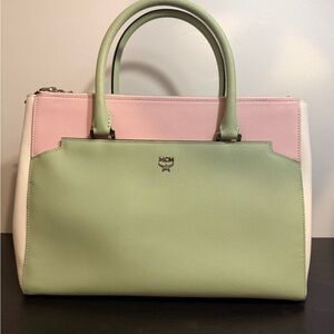 MCM Tricolor Leather Satchel in Mint, Pink & White